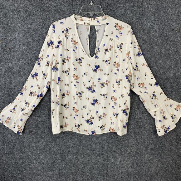 American Eagle Cream Floral Long Sleeved Ruffled Crepe Rayon Keyhole Top Sz XL - Picture 1 of 11